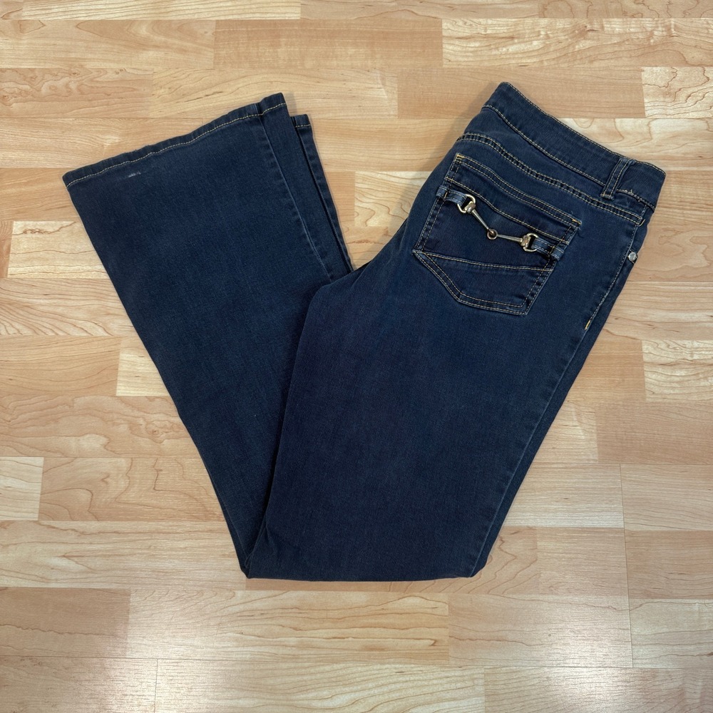 Cache Premium Horsebit Flare Jeans Dark Wash Denim Blue Gold Hardware Size 12